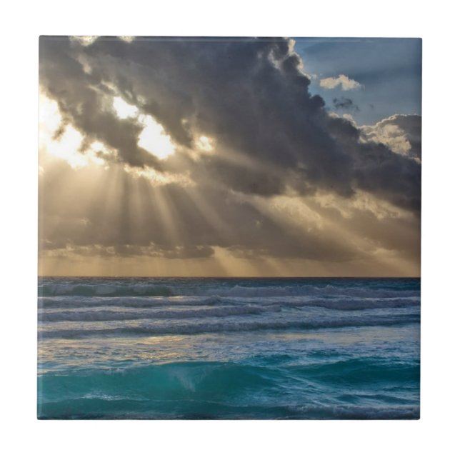 Sun Breaking Through Clouds Over Sea Ceramic Tile (Front)