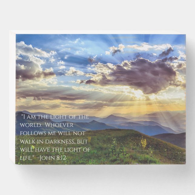 Sun Bursting Through Clouds  Bible John 8:12 Wooden Box Sign (Front Horizontal)