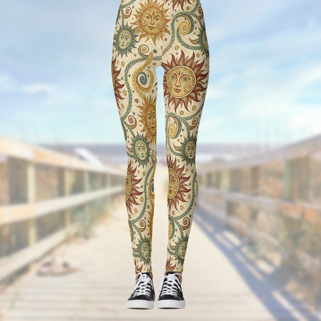 Sun Celestial Vintage Burgundy Green Gold Pattern Leggings (Creator Uploaded)