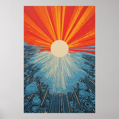 Sun Closeup Water Mosaic - Linocut Print Poster