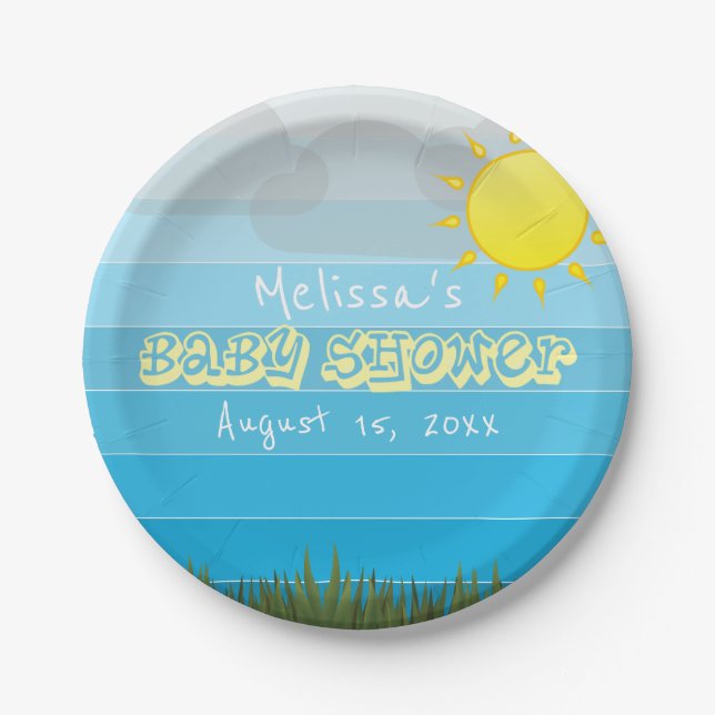 Sun Clouds and Grass on Blue Stripes Baby Shower Paper Plates (Front)
