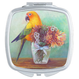 Sun conure and flowers mirror for makeup