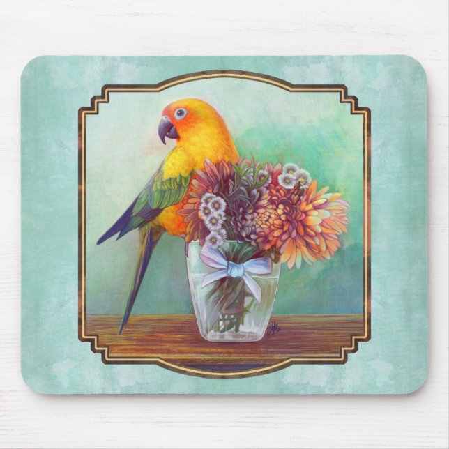 Sun conure and flowers mouse pad (Front)