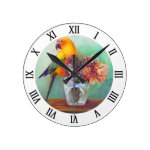 Sun conure and flowers painting round clocks