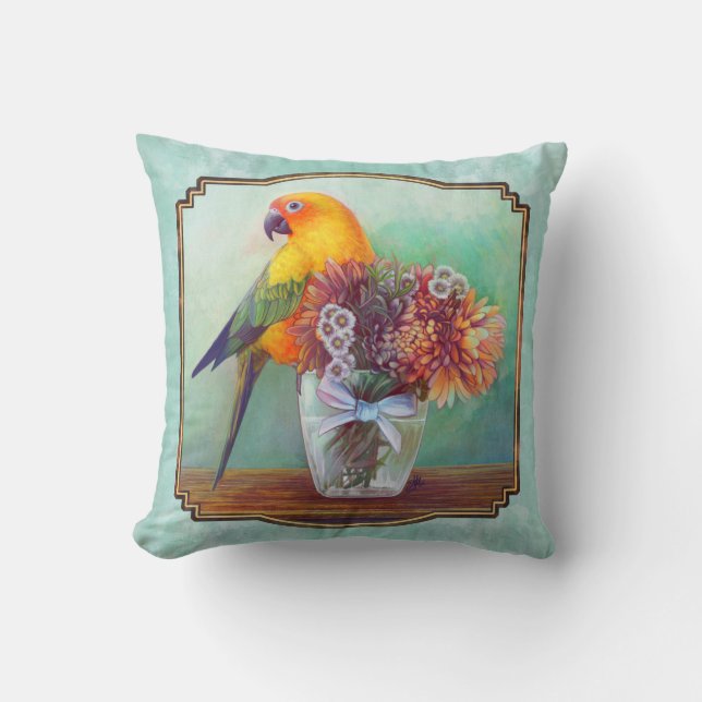 Sun conure and flowers throw pillow (Front)