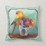 Sun conure and flowers painting throw pillows