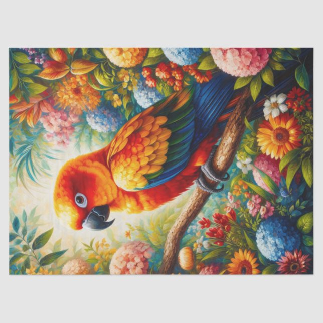 Sun Conure Parrot Colorful Flowers Decoupage Tissue Paper (Front)