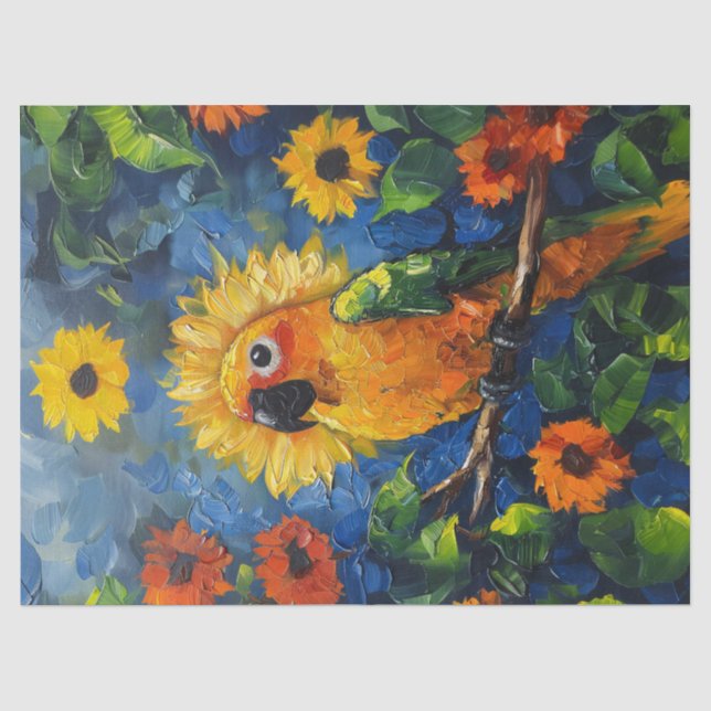 Sun Conure Parrot Oil Painting Floral Decoupage Tissue Paper (Front)