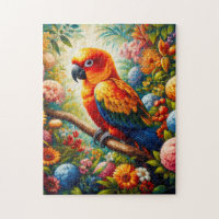 Sun Conure Parrot with Colorful Flowers