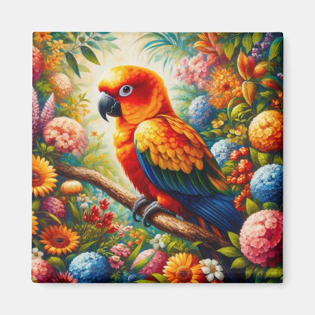 Sun Conure Parrot with Colorful Flowers Magnet (Front)