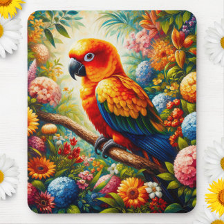 Sun Conure Parrot with Colorful Flowers Mouse Pad
