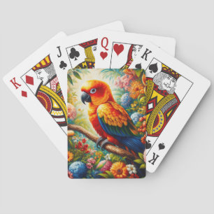 Sun Conure Parrot with Colorful Flowers Poker Cards