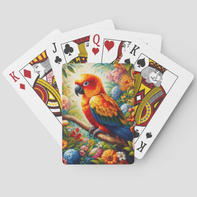 Sun Conure Parrot with Colorful Flowers Poker Cards (Back)