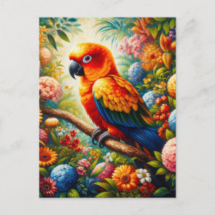 Sun Conure Parrot with Colorful Flowers Postcard