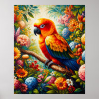 Sun Conure Parrot with Colorful Flowers