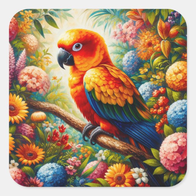 Sun Conure Parrot with Colorful Flowers Square Sticker (Front)