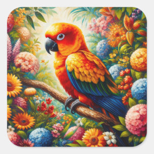 Sun Conure Parrot with Colorful Flowers Square Sticker