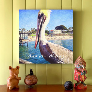 Sun Day Cute Ocean Beach Pier Pelican Bird Photo Canvas Print