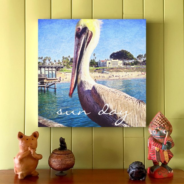 Sun Day Cute Ocean Beach Pier Pelican Bird Photo Canvas Print (Creator Uploaded)