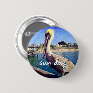 Sun Day Ocean Beach Pier Pelican Bird Photo Cute Pinback Button