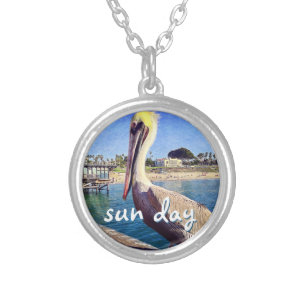 Sun Day Ocean Beach Pier Pelican Bird Photo Cute Silver Plated Necklace