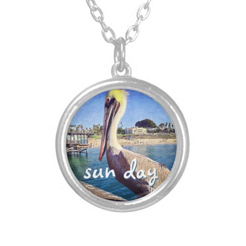 Sun Day Ocean Beach Pier Pelican Bird Photo Cute Silver Plated Necklace