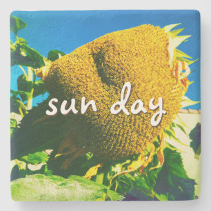 Sun Day Quote Script Yellow Sunflower Photo Stone Coaster