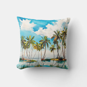 Sun Drenched Island Watercolor Palm Trees Beach v4 Throw Pillow