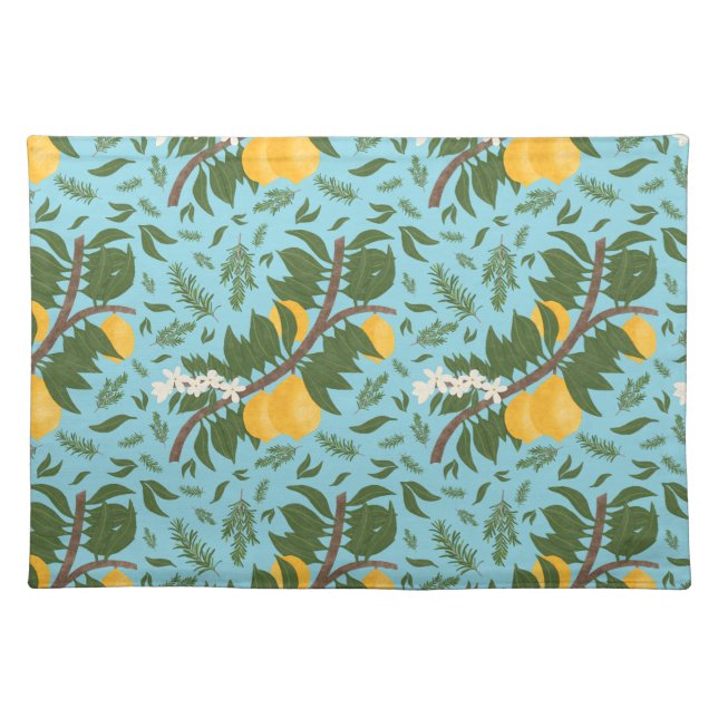 Sun-Drenched Lemons Sky Blue | Cloth Placemat (Front)