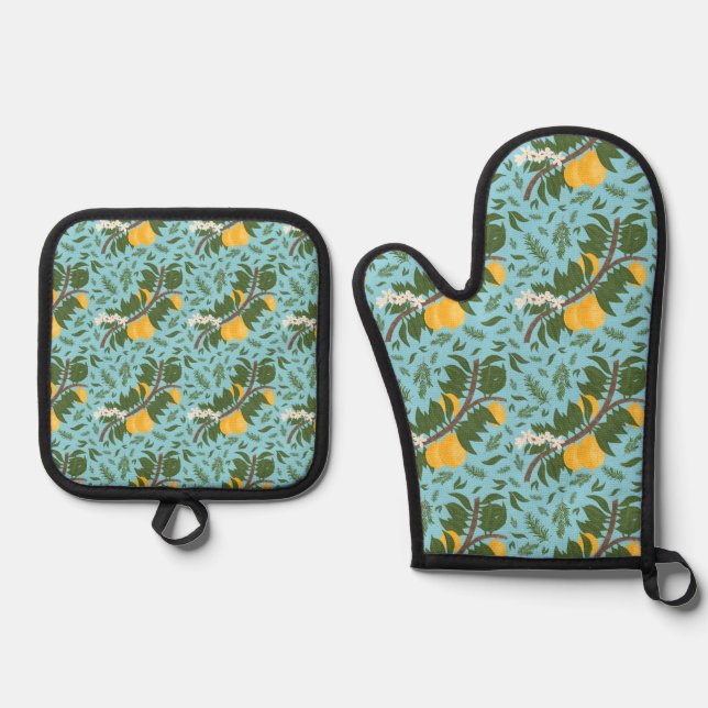 Sun-Drenched Lemons Sky Blue | Kitchen Oven Mitt & Pot Holder Set (Front)