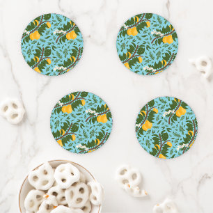 Sun-Drenched Lemons Sky Blue   Round Coaster Set