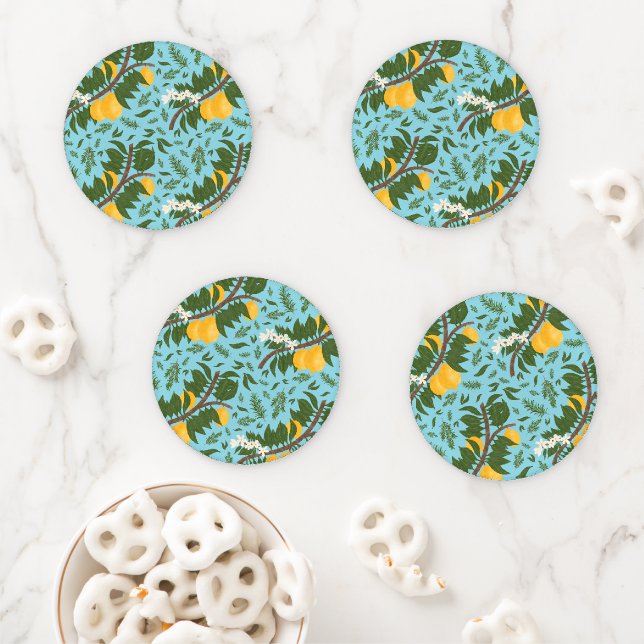 Sun-Drenched Lemons Sky Blue | Round Coaster Set (In Situ)