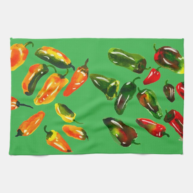 Sun-Drenched Peppers on Bright Green Kitchen Towel (Horizontal)