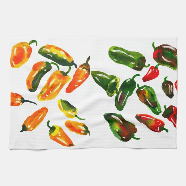 Sun-Drenched Peppers Watercolor Botanical Kitchen  Towel (Horizontal)