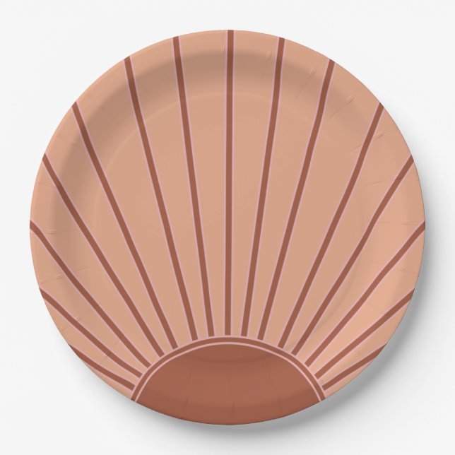 Sun Earth Tones Sunrise Brown Rust Retro Sunshine Paper Plates (Front)