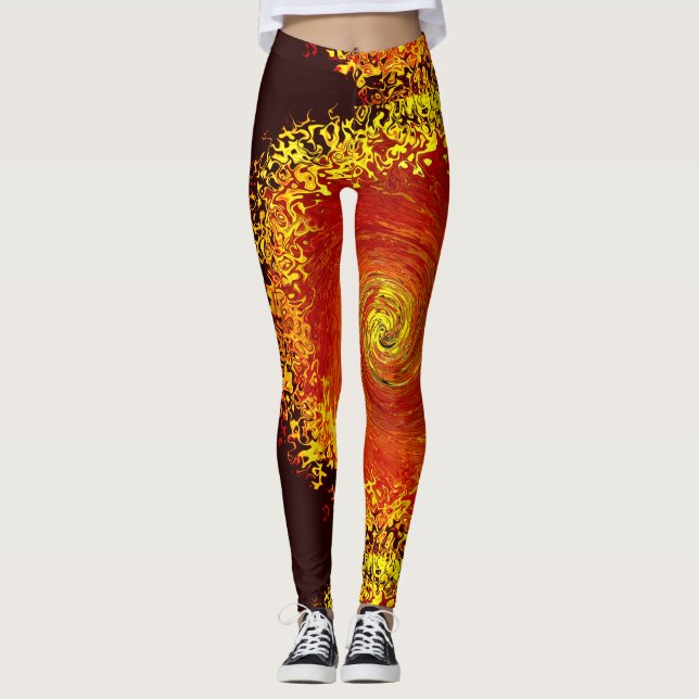 Sun explosion yellow orange brown abstract pattern leggings (Front)