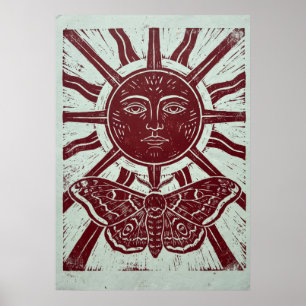 Sun Face and Luna Moth Linocut Folk Art Poster