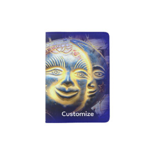 sun face/ moon face celestial blue passport holder