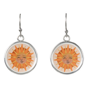 Sun Face Orange Watercolor Illustration Earrings