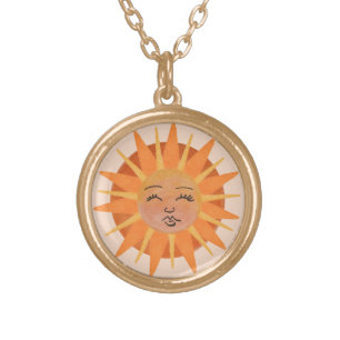 Sun Face Orange Watercolor Illustration Gold Plated Necklace