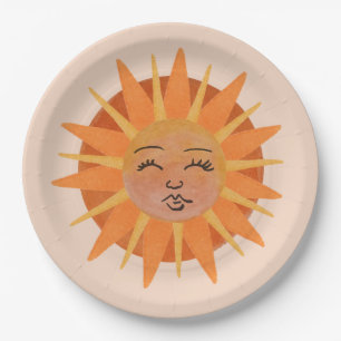 Sun Face Orange Watercolor Illustration Paper Plates