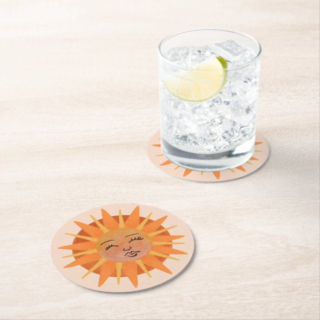 Sun Face Orange Watercolor Illustration Round Paper Coaster (Insitu)