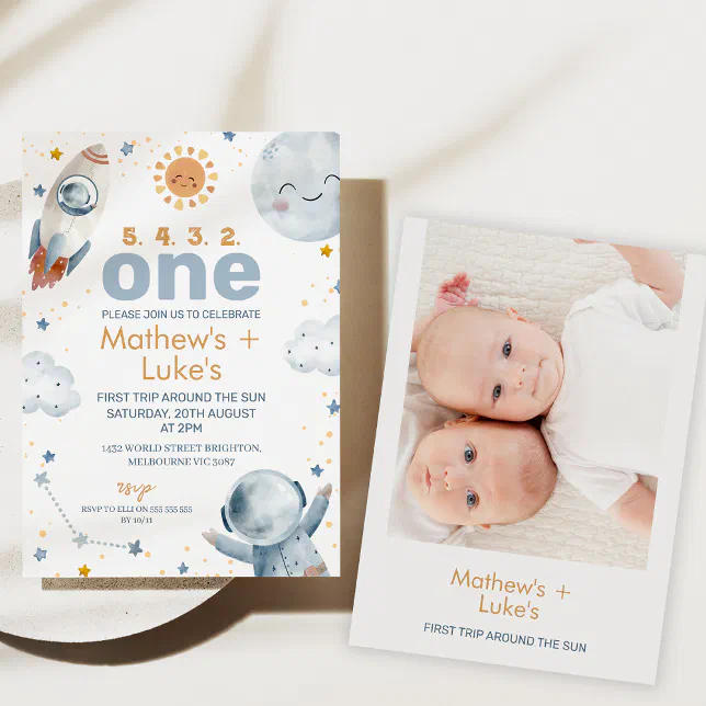 Sun First Trip Around Sun Twin Boys 1st Birthday Invitation
