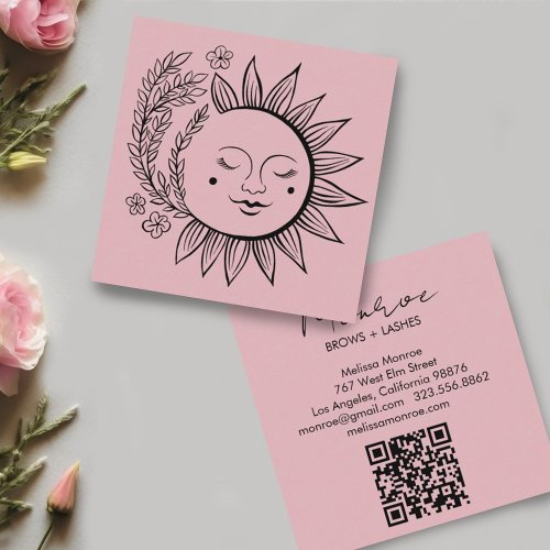 Sun Floral Boho Line Art Elegant QR Code Pink Square Business Card