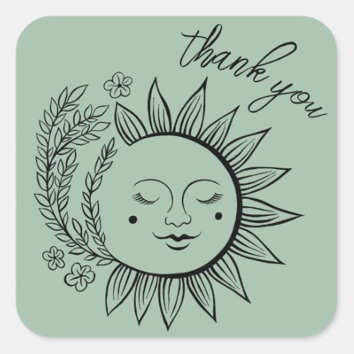 Sun Floral Boho THANK YOU Elegant Chic Sage Green Square Sticker