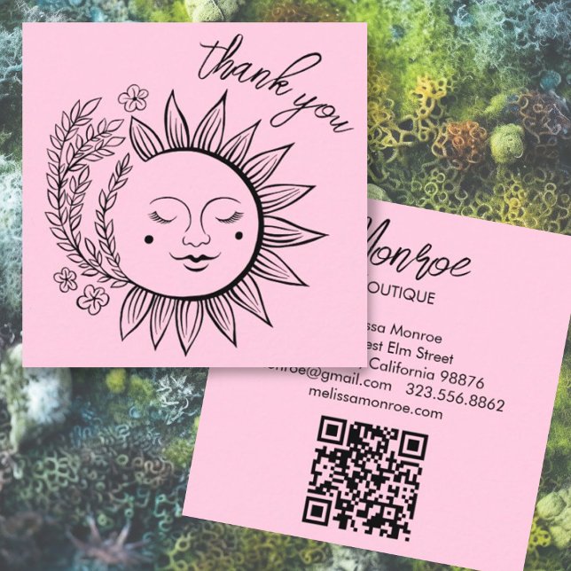 Sun Floral Boho THANK YOU Elegant QR Code Pink Square Business Card (Thank you for your order card with botanical sun logo design and custom QR code in pink)
