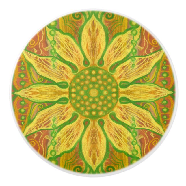 Sun Flower bohemian floral art yellow green orange Ceramic Knob (Front)