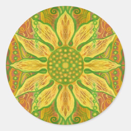 Sun Flower bohemian floral art yellow green orange Classic Round Sticker