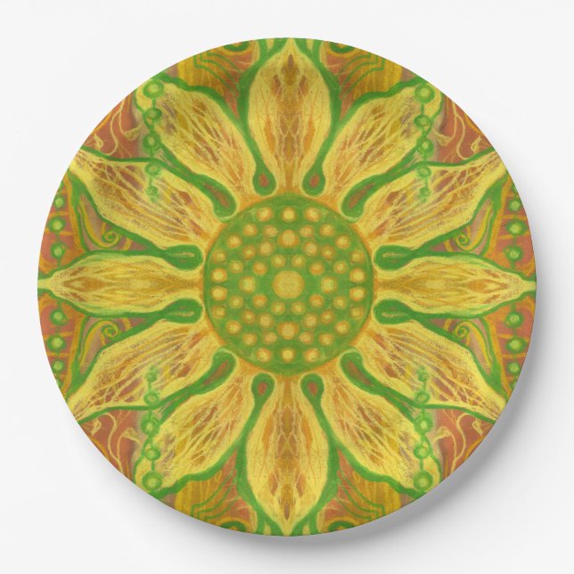 Sun Flower bohemian floral art yellow green orange Paper Plates (Front)