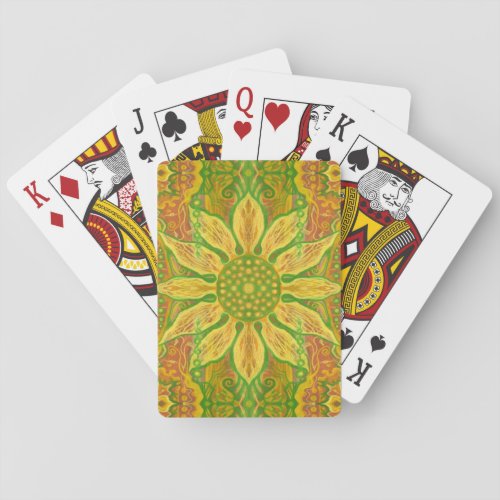 Sun Flower bohemian floral art yellow green orange Poker Cards